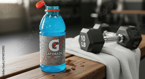 A blue Gatorade bottle with a red cap and a towel on a wooden bench in a gym setting.