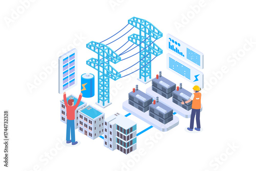 Isometric Power Grid with Battery Storage System and Transmission Towers on a Transparent Background