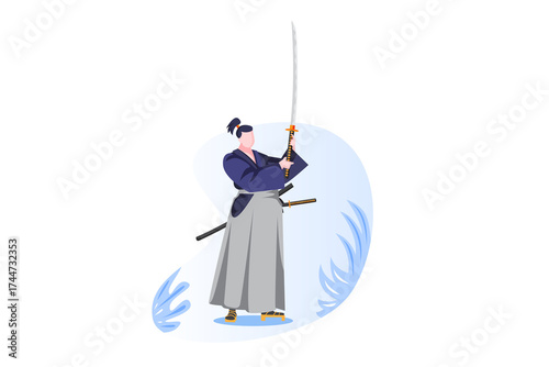 Isometric Samurai Ready to Strike with Katana on Transparent Background Character Wearing Traditional Blue Kimono and Gray Hakama Preparing for Action