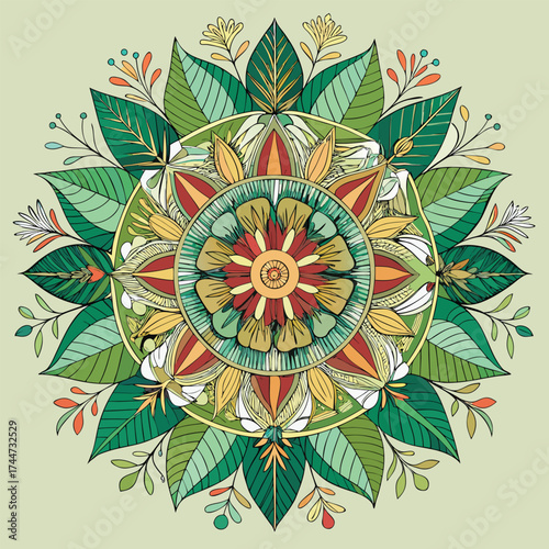 Floral Mandala with Leaves and Flowers, Beautiful Circular Pattern Design