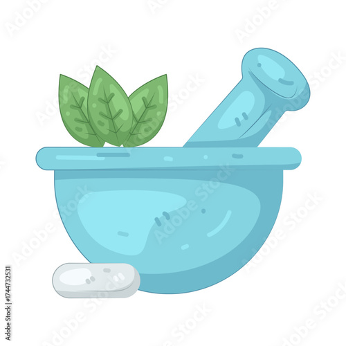 Illustration of Mortar and Pestle with Herbal Medicine 