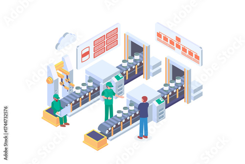 Isometric Factory Illustration with Conveyor Belts and Workers in Green Uniforms on Transparent Background