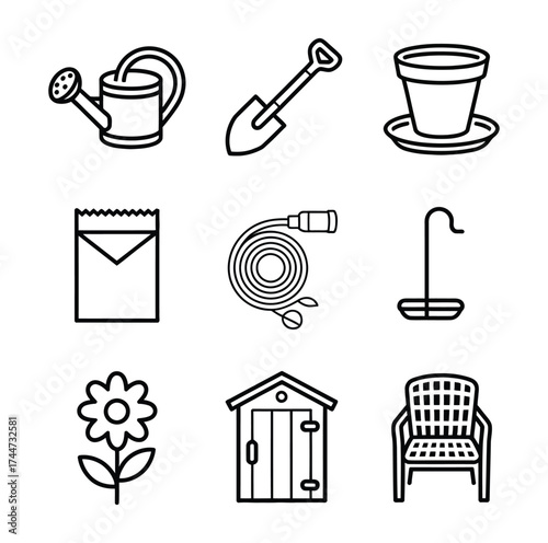 Garden tools and accessories icons watering can shovel