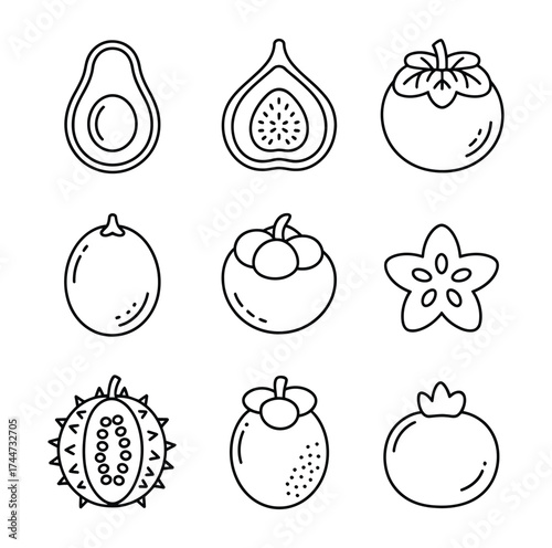 Fruit icons avocado fig persimmon plum mangosteen starfruit kiwano