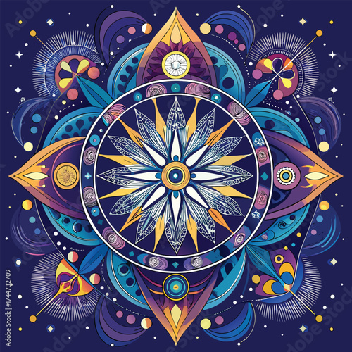 Intricate mandala design with celestial elements and vibrant colors scheme