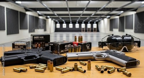 Wallpaper Mural A table with a variety of firearms and ammunition in a shooting range. Torontodigital.ca