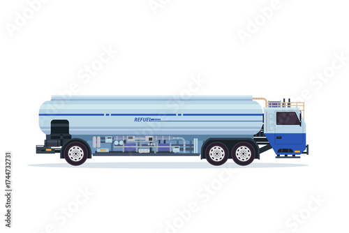 Isometric Fuel Truck Isolated on Transparent Background Showing Tank and Chassis in Light Blue and Dark Blue Minimalist Design Rendering