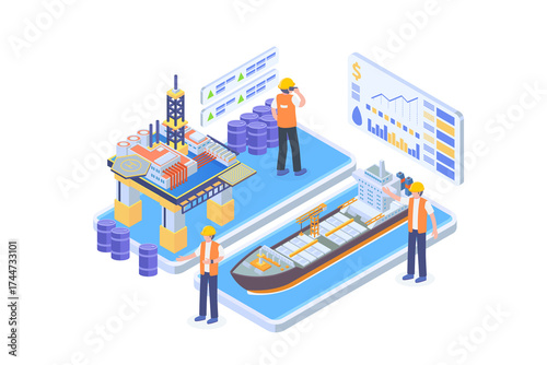 Isometric Oil Rig and Tanker Ship Illustration with Workers Inspecting Data on Screens Against a Transparent Background Industry Theme