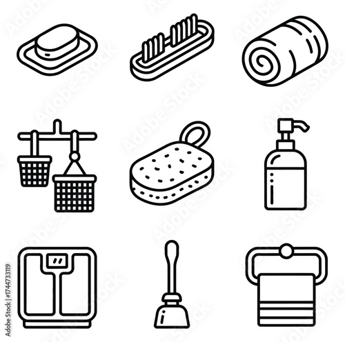 Bathroom hygiene and cleaning icons soap toothbrush holder