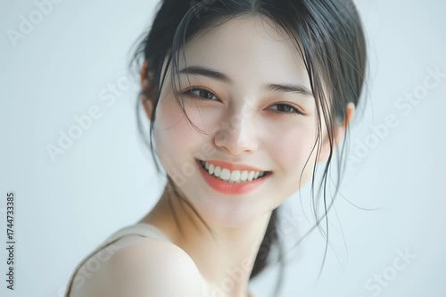 美容, 女性, スキンケア, 化粧品, ビューティー, 若い女性, 美肌, 日本人, アジア人, フェイシャル, メイク, 美容液, 保湿, クリーム, エイジングケア, 美容医療, エステ, 美容クリニック, 肌ケア, ナチュラルメイク, 透明感, ツヤ肌, モデル, 笑顔, ポートレート, クローズアップ, リラックス, 癒し, 健康的, 美白, コラーゲン, ヒアルロン酸, アンチエイジング