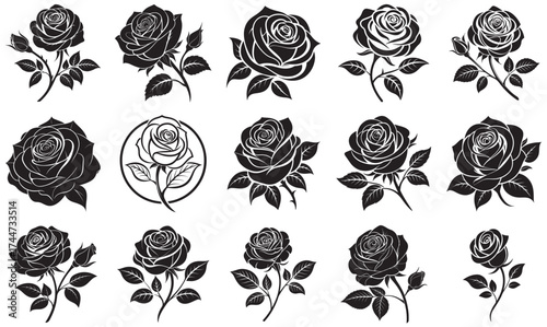 Vintage Black Rose Silhouettes – Botanical Vector Elements