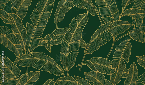 Vector art of elegant gold outline of banana leaves on a dark green background