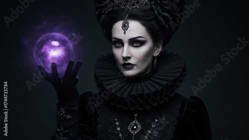 Woman holding glowing orb dark background