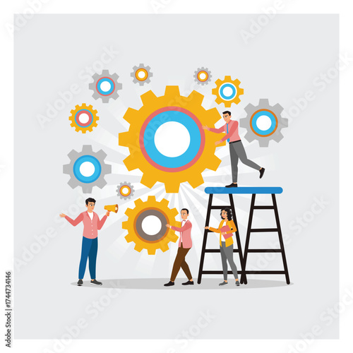 Business People Work Together to Put and Set the Gear Cogwheel in Motion.