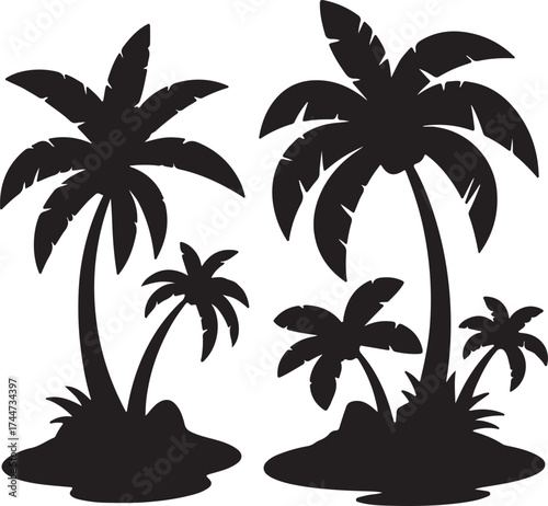 Silhouetted tropical palm trees on islands vector.