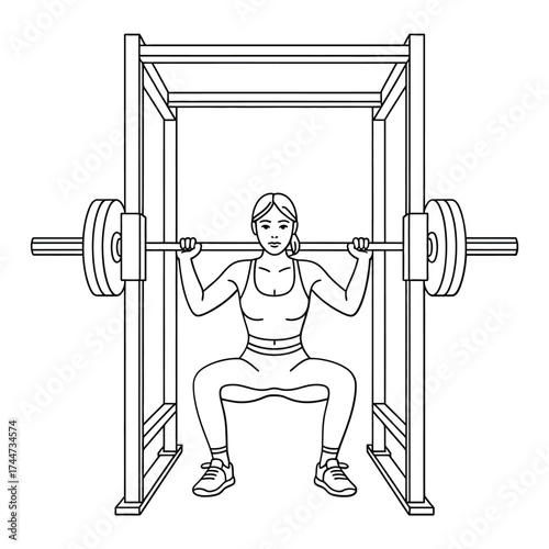 Woman performing a barbell squat inside a squat rack