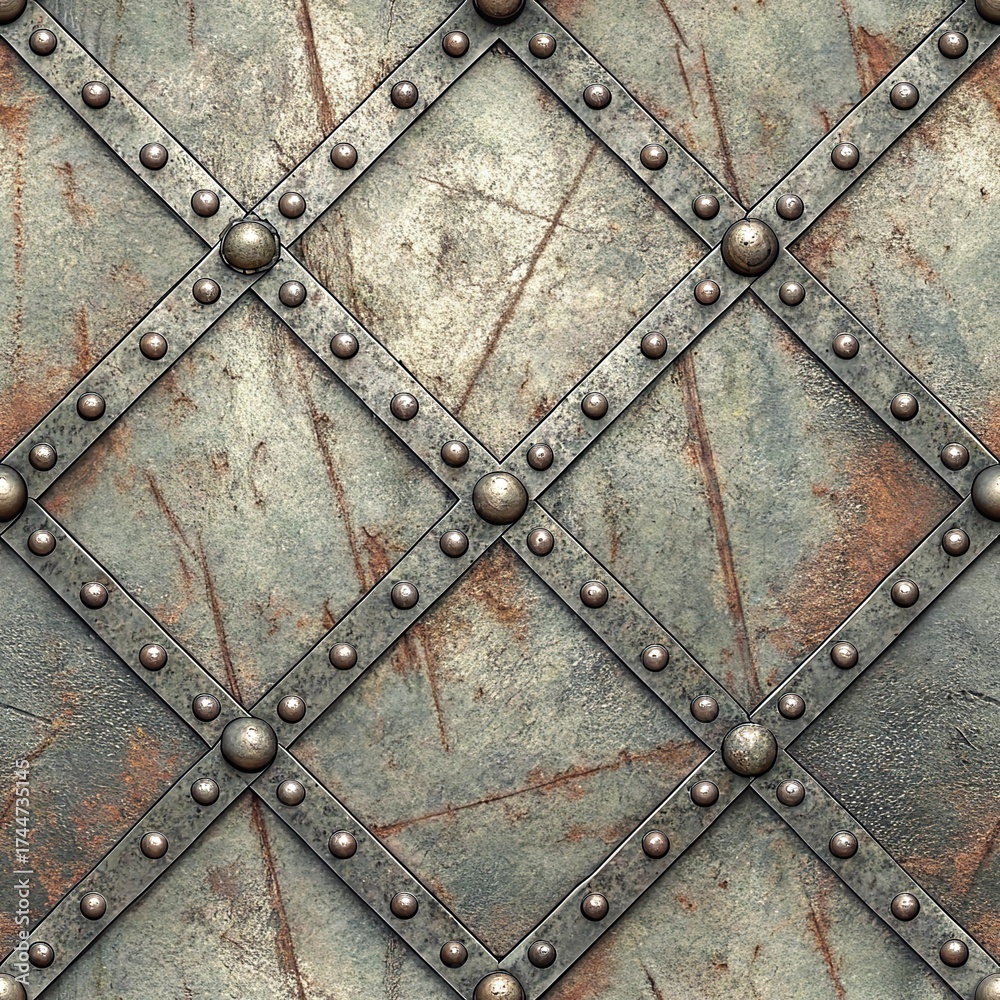 Fototapeta premium Seamless diamond lattice riveted metal straps texture, weathered steel with rust patina, industrial geometric grid background, aged cracked surface