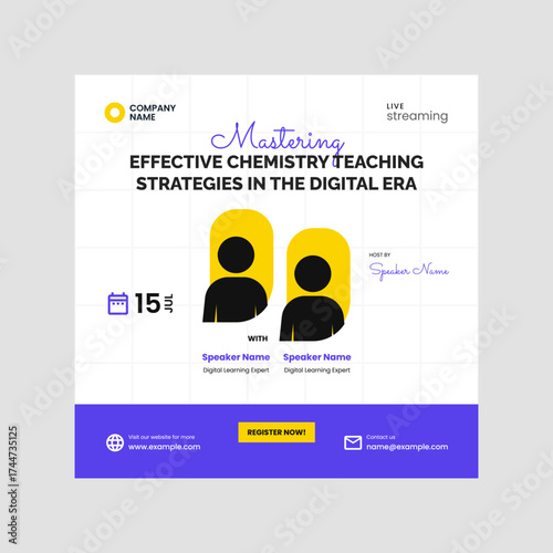 Webinar marketing vector template, neat spacing, focus on speaker, topic, and timing details.
