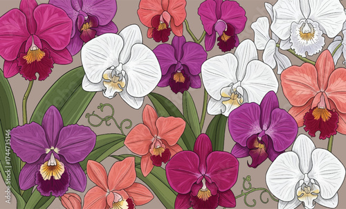 Vector art of assortment of colorful orchid flowers with green leaves on a neutral background