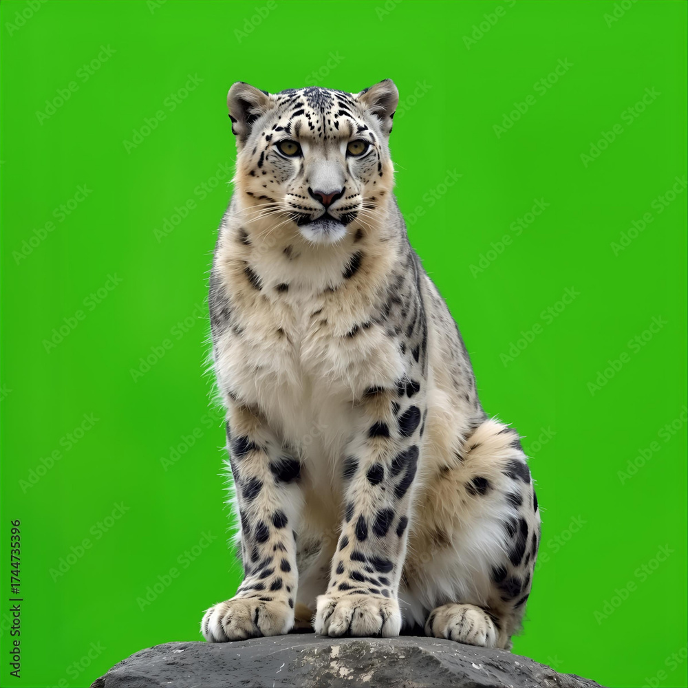 Obraz premium Majestic snow leopard sitting proudly on a rocky perch, isolated on a vibrant green screen background. This powerful big cat portrait is perfect for wildlife conservation concepts