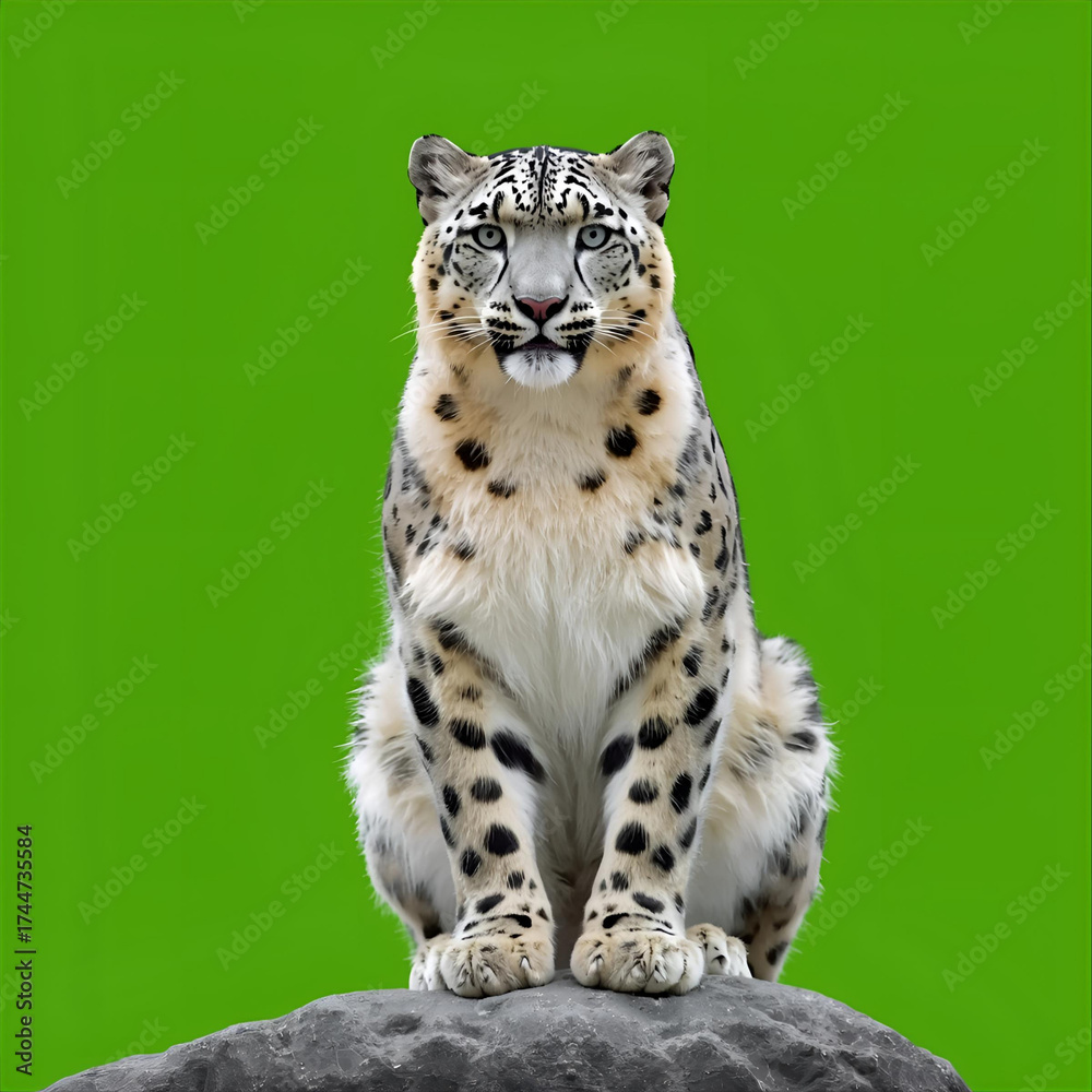 Obraz premium Majestic Snow Leopard A Portrait of Grace and Beauty Against a Vivid Green Backdrop