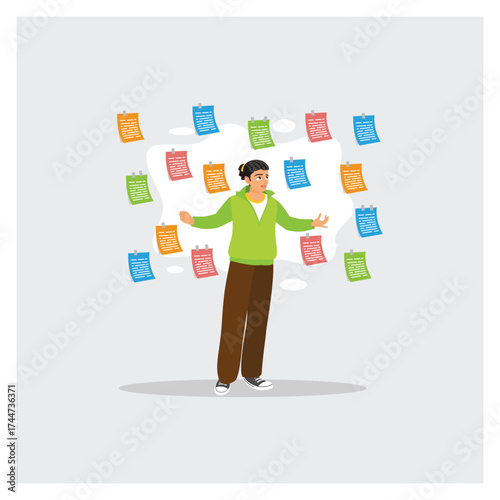 Frustrated Businessman Working with Overwhelmed Sticky Notes.