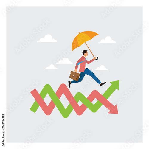 Businessman Run on Volatile Graph with Umbrellas, Surviving and Thriving in the Stock Market.