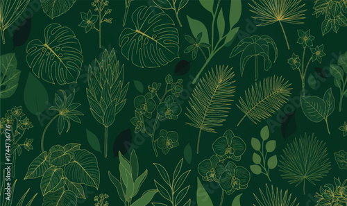 Vector art of green botanical pattern with various plant and leaf illustration