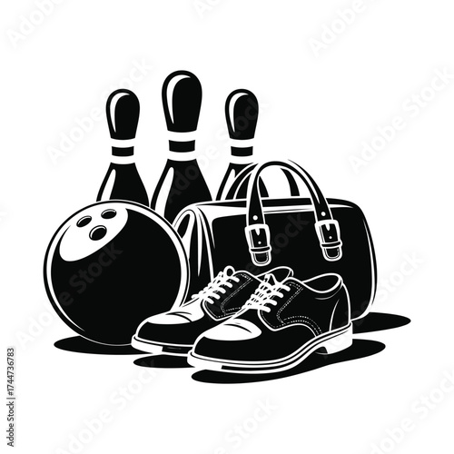 Bowling ball pins shoes and bag illustration