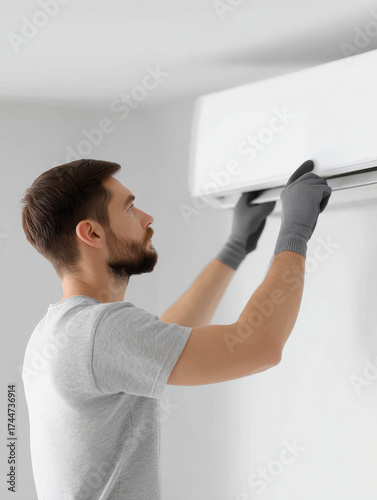 Professional male technician in work gloves focused on air conditioner repair. skilled handyman performing hvac maintenance or installation service for home system