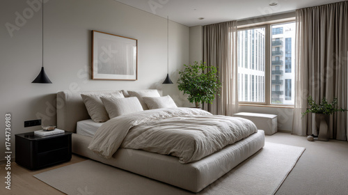 Calm modern bedroom interior with comfortable off white linen bed and simple black bedside table. peaceful, neutral design creates serene and luxurious home space