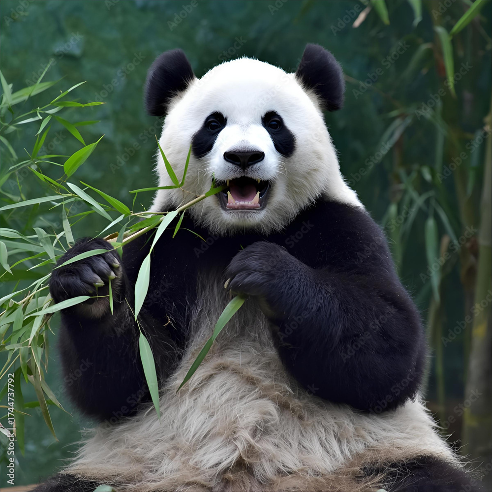 Fototapeta premium An adorable giant panda bear sitting comfortably and munching on fresh green bamboo leaves in a lush, natural forest environment