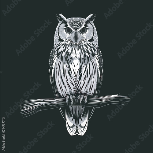Young owl with sharp eyes perched on a branch at night