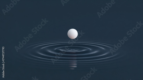 Single white sphere makes contact with calm blue water surface, creating serene ripple and feeling of peaceful impact. moment of tranquil touch and stillness
