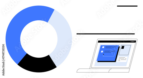 Pie chart with blue, black, and white sections beside laptop displaying data dashboard. Ideal for analytics, reports, strategy, finance, organization, productivity simple flat metaphor