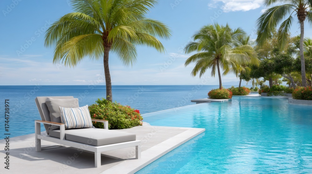 Fototapeta premium Lounge chair next to infinity pool overlooking ocean