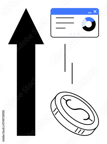 Rising black arrow, coin dropping, and data dashboard indicating financial success and performance growth. Ideal for investment, data, analysis, profit, savings, economy simple flat metaphor