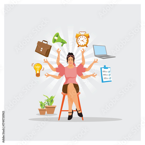 Productive Woman with Multiple Hands Handle Multitasking Job. Business, Time and Ideas.