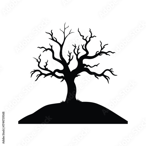 Silhouette of a spooky tree on a hill against a white background, dead tree on hill silhouette vector illustration