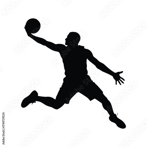 A Black Silhouette of a Basketball Player Leaping with the Ball High Overhead, basketball player dunking silhouette vector illustration