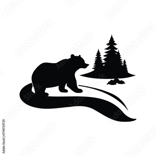 Black bear silhouette in a forest landscape with evergreen trees and path, bear lounging near river silhouette vector illustration