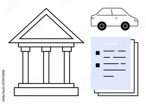 Courthouse with formal structure, stack of forms, and a car suggesting law, regulations, legal processes, transport policy, documentation, compliance or justice. Ideal for legal financial