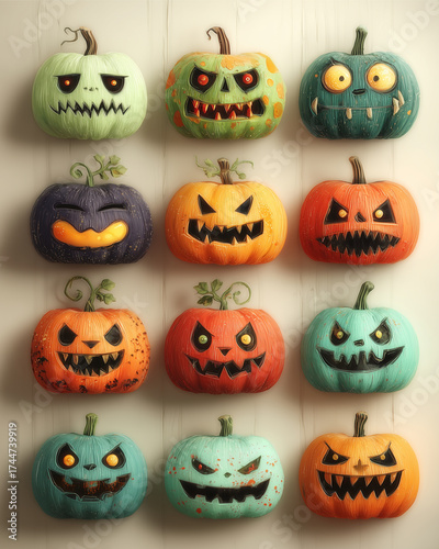Halloween pumpkin characters : A vibrant assortment of uniquely carved pumpkin characters, each radiating their own distinct expressions and personalities.