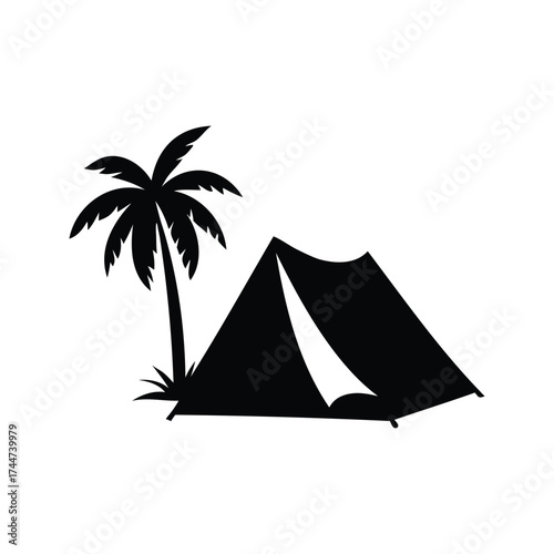 Camping on a tropical island with a tent next to a palm tree, camping tent near palm tree silhouette vector illustration