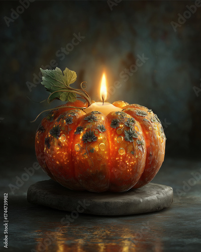 Pumpkin Candle Illumination: A carved pumpkin, serving as a candle holder, emits a warm, inviting glow, casting dancing shadows as the flame flickers on a stone, embodying the spirit of autumn. 