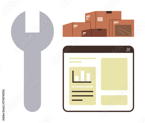 Large wrench, stack of brown boxes, and data analytics dashboard. Ideal for logistics, warehouse management, supply chain, technology, inventory tracking, repairs and analytics in a simple flat