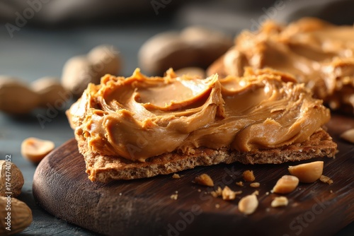 Creamy Peanut Butter Spread on Whole Grain Cracker with Nuts