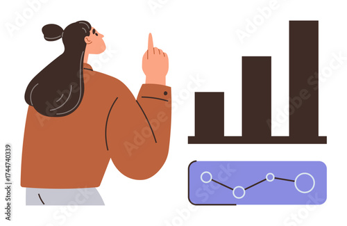 Woman pointing at bar graph with rising trends alongside a data chart with connected points. Ideal for analytics, business growth, data-driven strategies, presentations, education, success