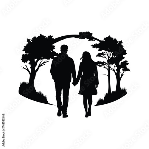 Silhouette of a romantic couple holding hands walking through a forest, couple walking through forest silhouette vector illustration