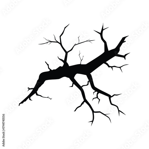 Dead tree branch in stark silhouette against a stark white background, dead branch with cracks silhouette vector illustration